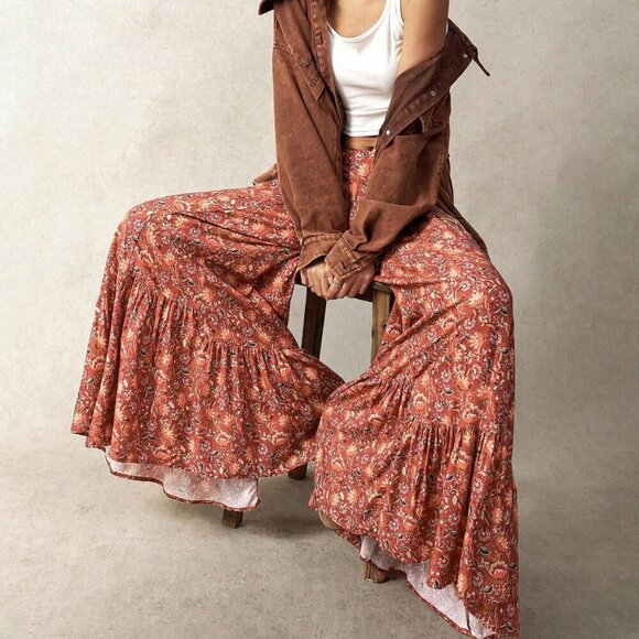 Multicolor Boho Women's Vacation Floral Print Wide Leg Loose Pants - Picture 3 of 8